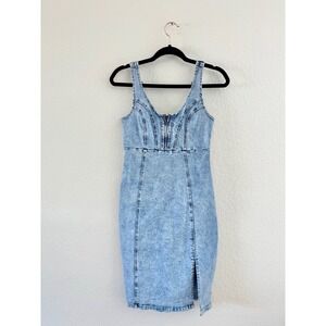 Vintage Denim Sheath Dress Womens Small Blue Acid Wash Corset Zip Front 90s Slit